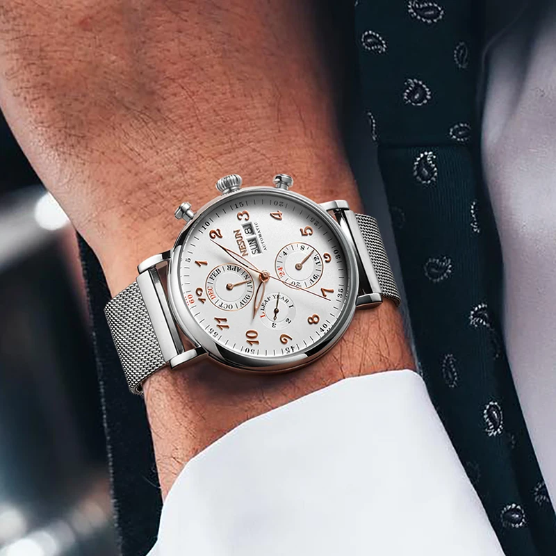 NESUN automatic mechanical men's watch, multi-functional luminous stainless steel classic business men's watch