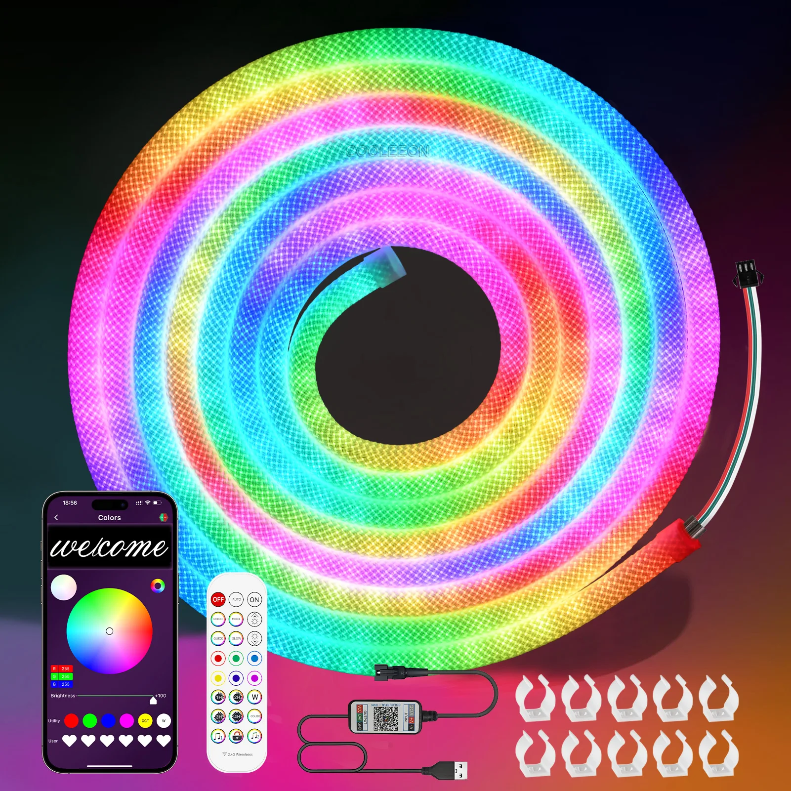 

IP67 Addressable Waterproof Rope Light Rainbow Dream Color Smart Pixel Round LED Strip 360 Degree Bright 5V USB App Control