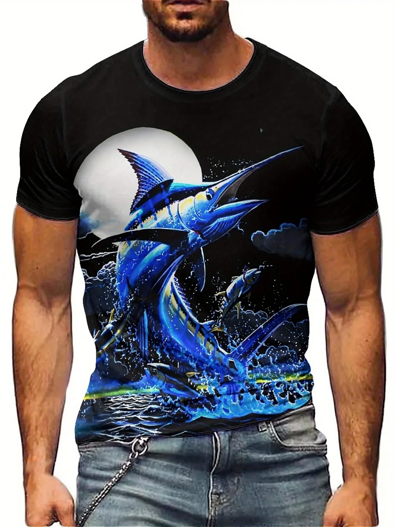 Men'S 3D Print Short Sleeve T-Shirt - Vibrant Blue Marlin Art, Loose Fit, Breathable & Comfortable Fabric
