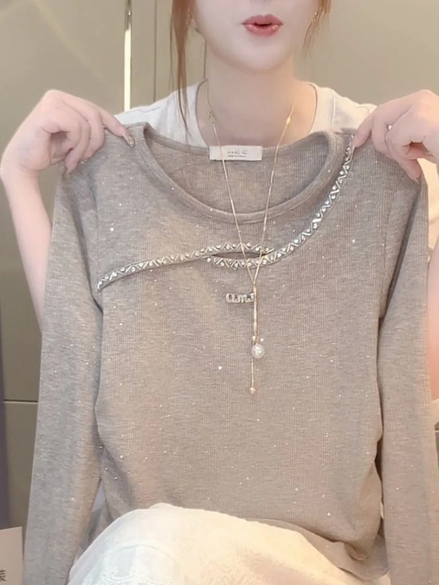 

Faionable Long Sve Hoodie T-irt Korean Sle Women's Loose Fit Polyester round Ne Top with Heavy Du Rhinestones