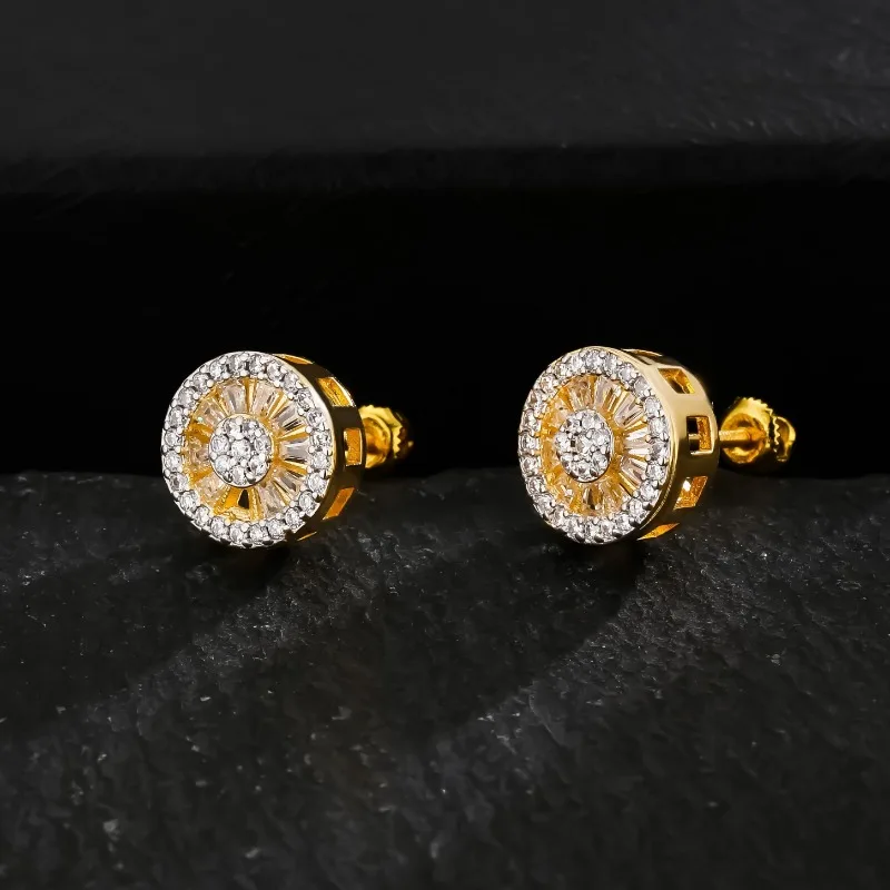 Fashion Round Zirconia Micro-set Gold Threaded Earrings Hip Hop Men and Women Gold-plated Street Hipster Accessories Gift
