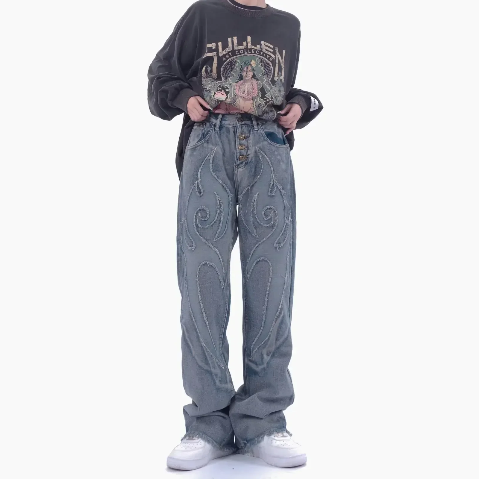 

Streetwear Retro Patch Embroidery Y2K Jeans Men's High Waist Washed Straight Denim Trousers Distressed Button Fly Placket Pants