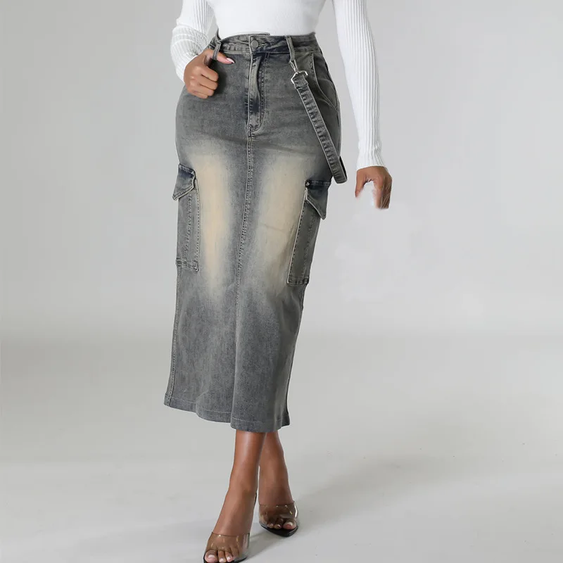 Denim Long Skirt for Women Streetwear Sexy Button High Wiast Wrap Hip Skirts Split Female Pockets Vintage 2024 Casual A Line