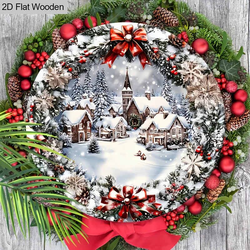 Eine flache, kreisförmige 2D-Holzdekoration für eine Winter-Eis- und Schneestadt, perfekt für die Weihnachtsdekoration an Türen oder Wänden