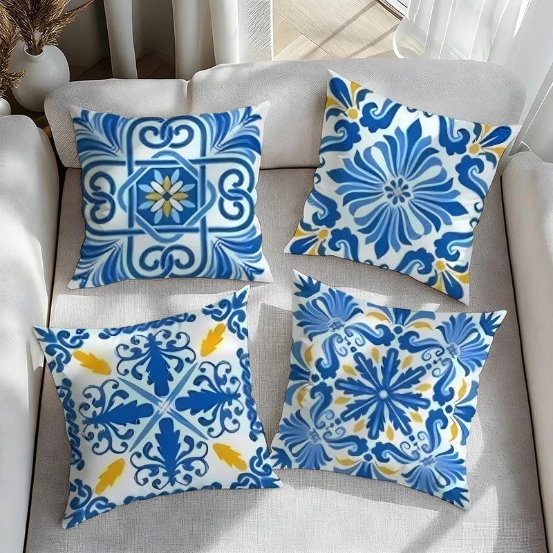 4pcs Vintage Blue Floral Pillows Suitable for garden courtyard sofa chair decoration cushion cover, gift, pillowcase only