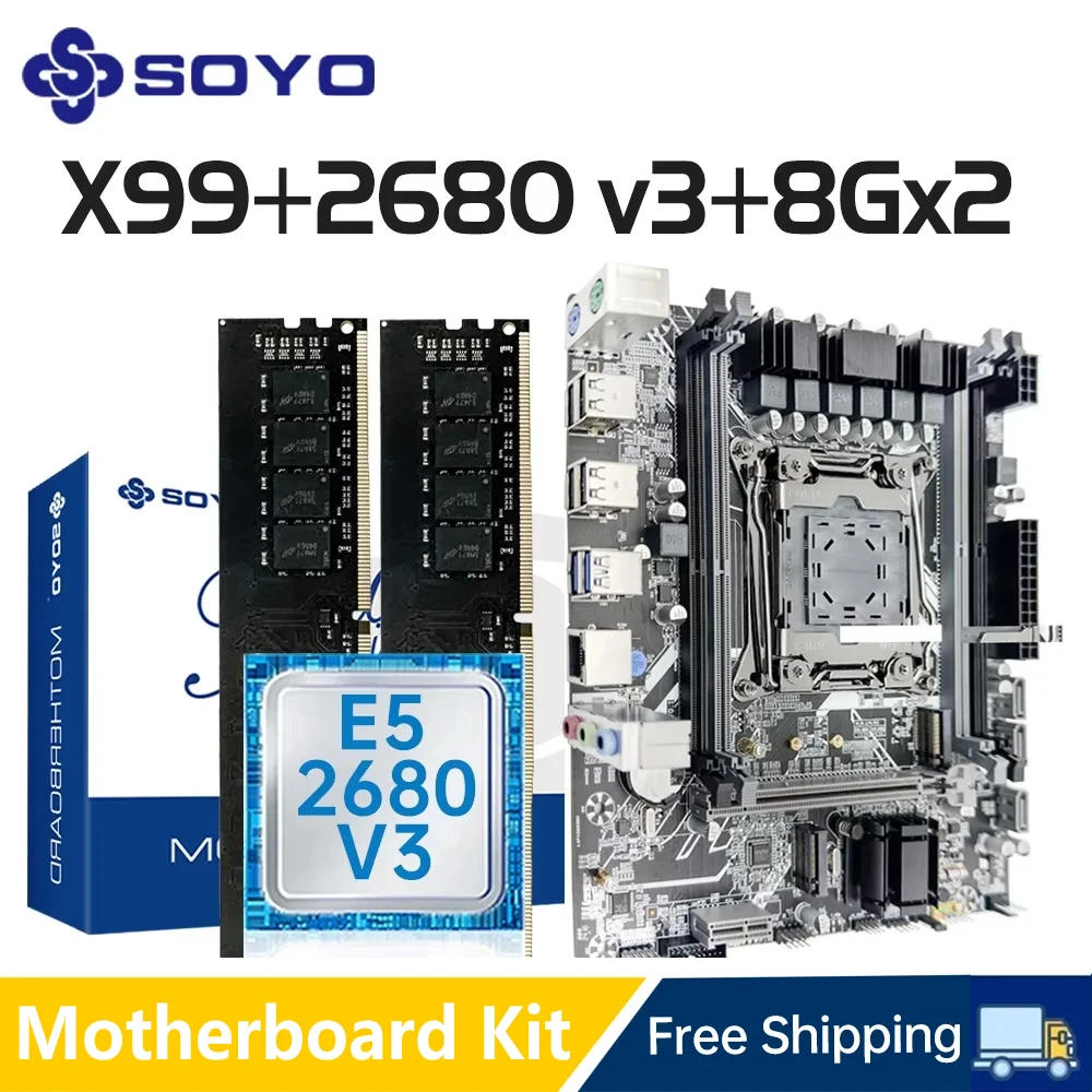 SOYO X99 Gaming Motherboard Set with Intel Xeon E5 2680 V3 CPU & Dual Channel DDR4 8Gx2 2133MHz ECC RAM M.2 for Computer Combo