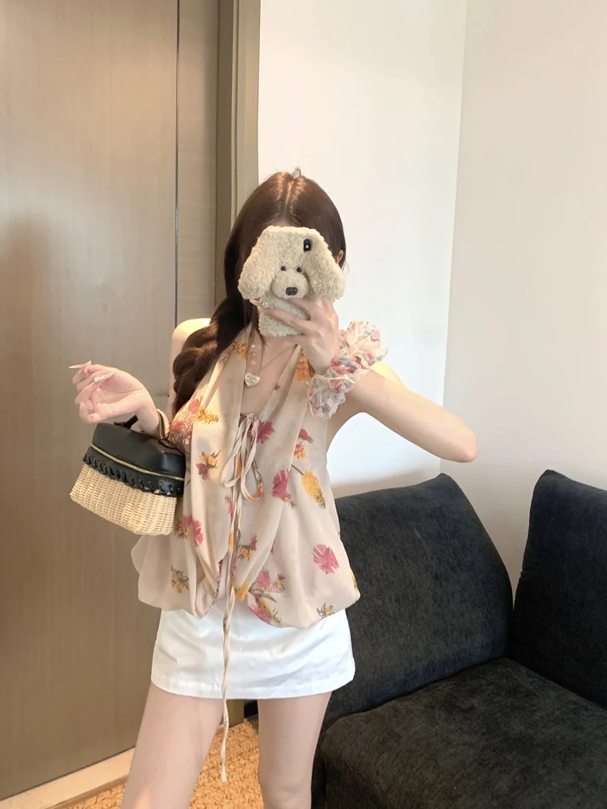 

Spicy Girl Style High Waist Floral Halter Top And Skirt Two Piece Set for Women Summer Fashion Outfit Floral Print