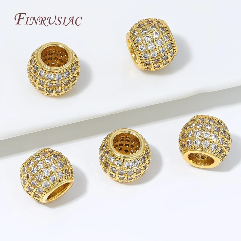 Cuentas espaciadoras tipo barril chapadas en oro de 18K con pavé de circonita cúbica, cuentas de circonita cúbica micro pavé de agujero grande para fabricación de joyas y accesorios.