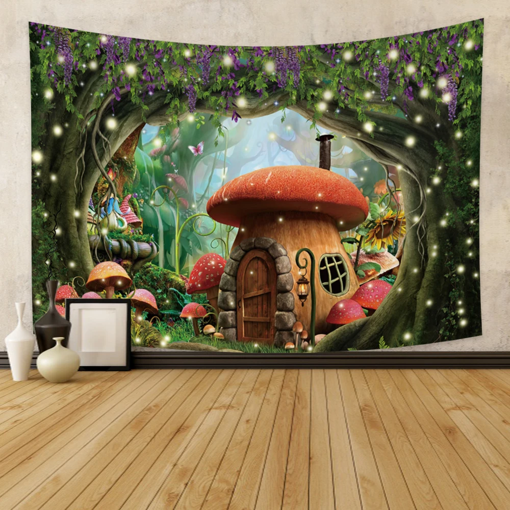 Fantasy Forest Tapestry Enchanted Mushroom Tapestry Fairytale Magical Wonderland Tree House Tapestries Wall Hanging Art for Kids