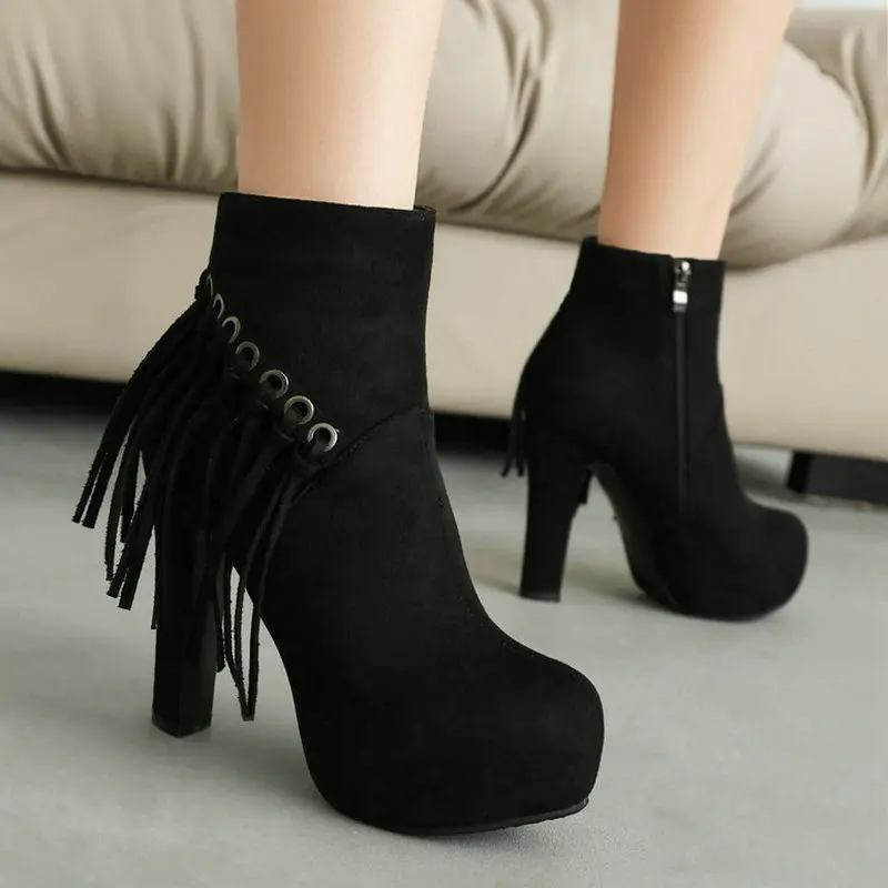 

Black Apricot 2024 Women Ankle Boots Platform Square High Heel Ladies Short Boots Flock Fashion Round Toe Fringe Women's Shoes