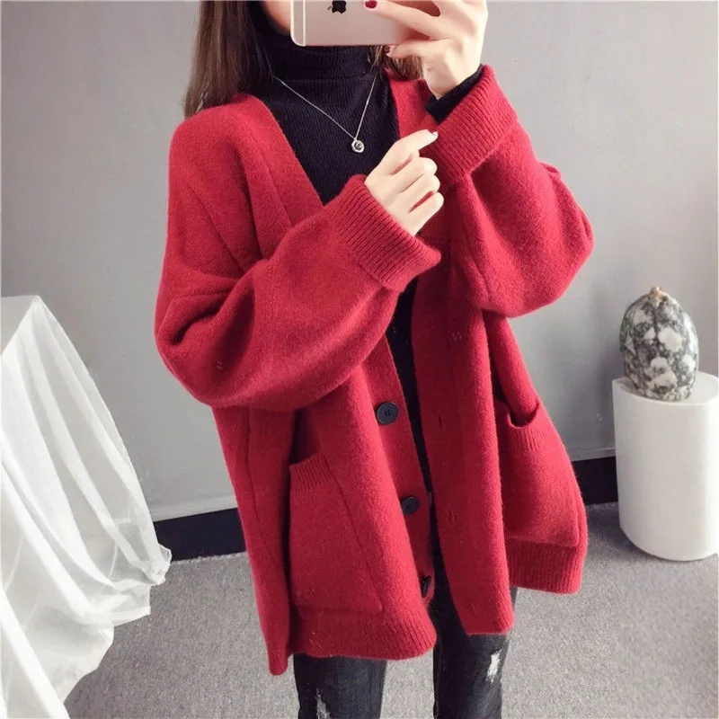 

Ladies V-Neck Lazy Style Sweater Cardigan Loose Pure Color Autumn Winter New Arrival Student Knitted Outerwear Set Medium Length