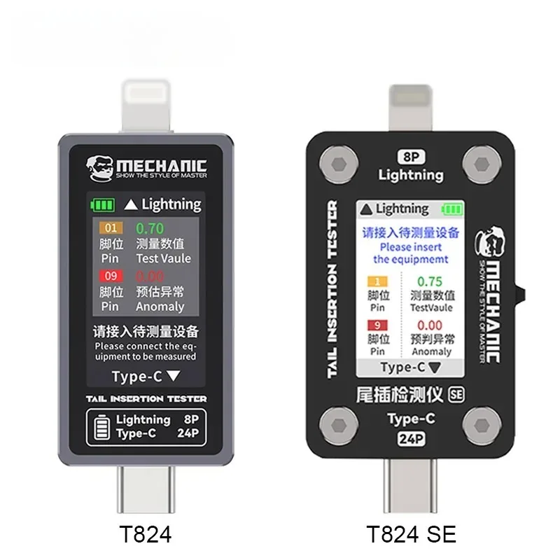 MECHANIC T-824 SE Tail Plug Testing Board for Mobile Phone Without Demoulding Type-C Lightning Fault Detection Instrument