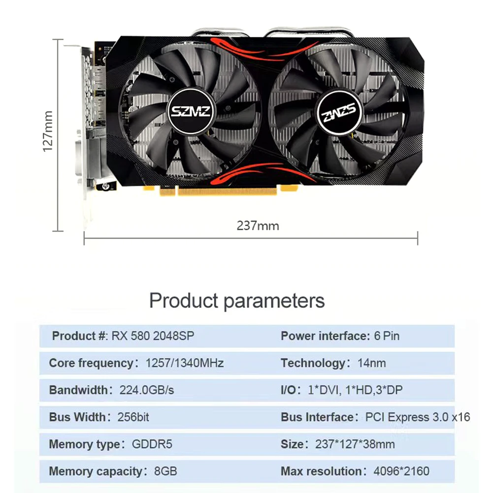 Видеокарта RX 580 с двойным вентилятором NVIDIA 8 ГБ, графическая видеокарта 1257 МГц 8Pin GDDR5, трубка радиатора для настольного компьютера