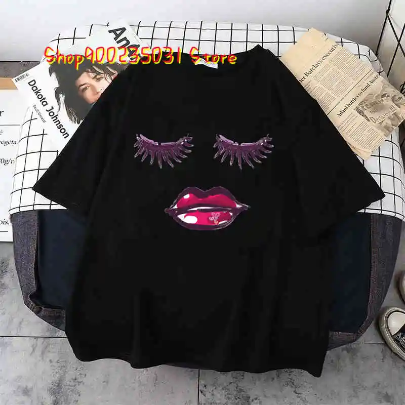 

Korean Style T Shirt Ladies 2022 Fashion Summer Short Sleeve Cartoon Casual Female O-neck Tshirts Tops Eyelash Vintage Clothes