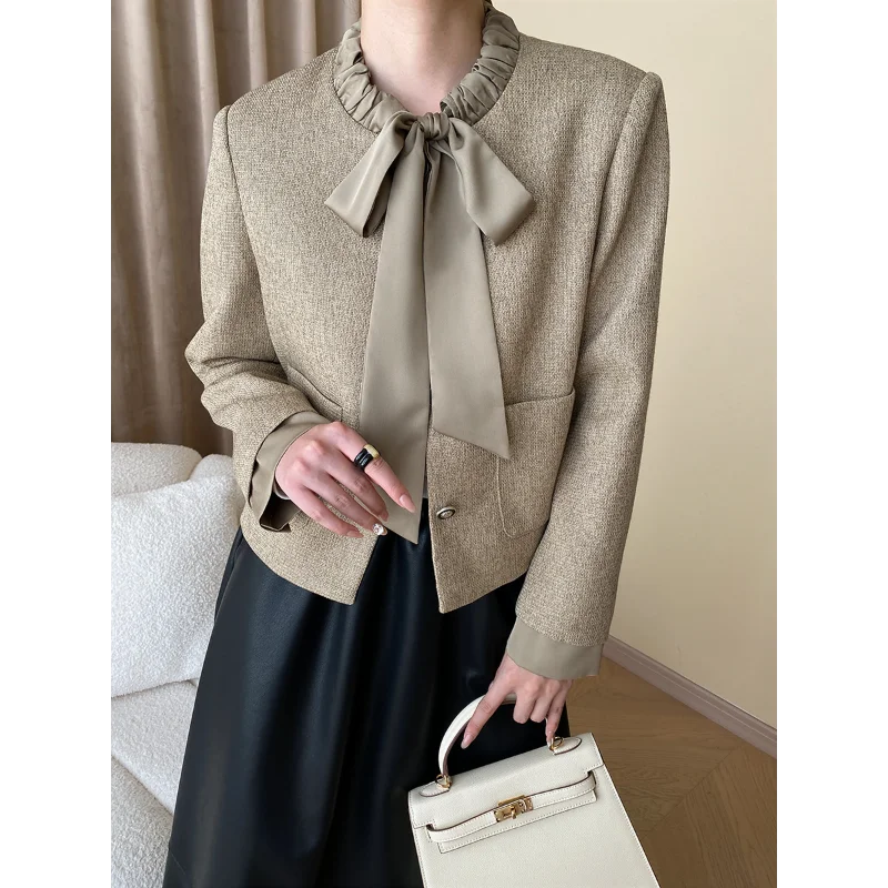 Francese nastro fiocco colletto elegante cappotto donna piccola fragranza dolce semplice coreano Chic Vintage ufficio femminile cappotto autunno 1669