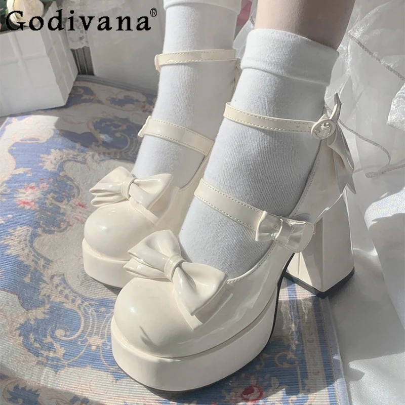 

Cute Girl Lolita Original Bow Elegant Shoes Round Head Versatile Waterproof Table Shoes Women's Sweet Thick High Heels Shoes