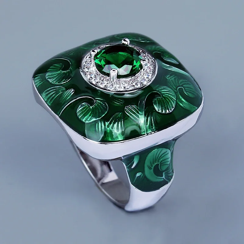 Unique Ring for Men Fashion Green Handmade Enamel Jewelry Domineering Emerald Ring Engagement Ring 2024 New Wedding Rings