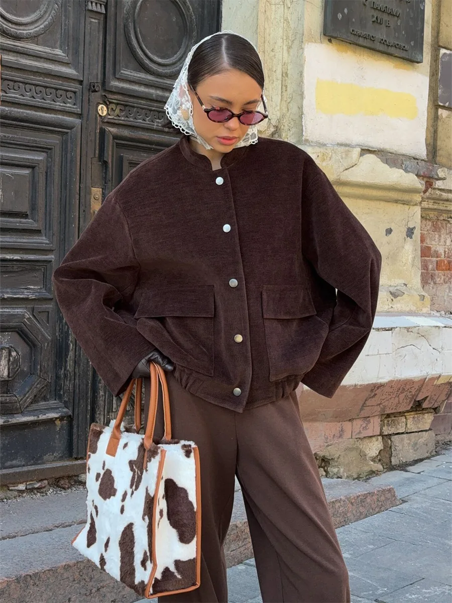 Blubelle Women's New Autumn 2025 Brown Corduroy Jacket Stand Collar Trendy Loose Fit Single - Breasted Long Sleeve Fashion