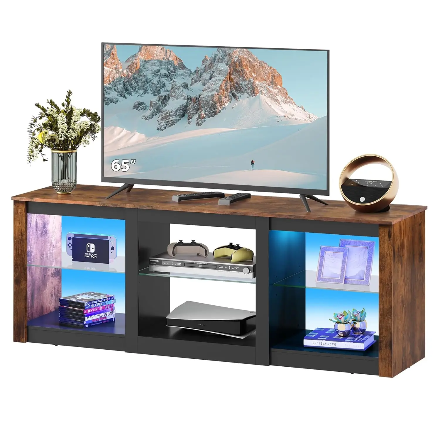 

LED TV Stand for 65-Inch TV, 58-Inch Entertainment Center with Adjustable Glass Shelves, Modern Media Console for Living Room &