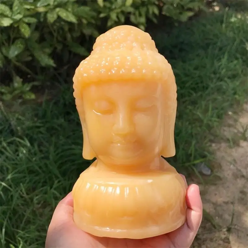 16CM Natural Orange Calcite Buddha Head Carving Reiki Faith Handicraft Ornaments Healing Home Decoration 1PCS