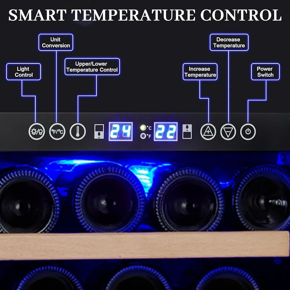 ثلاجة نبيذ صغيرة 28 زجاجة ضاغط مزدوج للتحكم في درجة الحرارة مبرد نبيذ مدمج قائم بذاته خزانة تخزين مدمجة LED