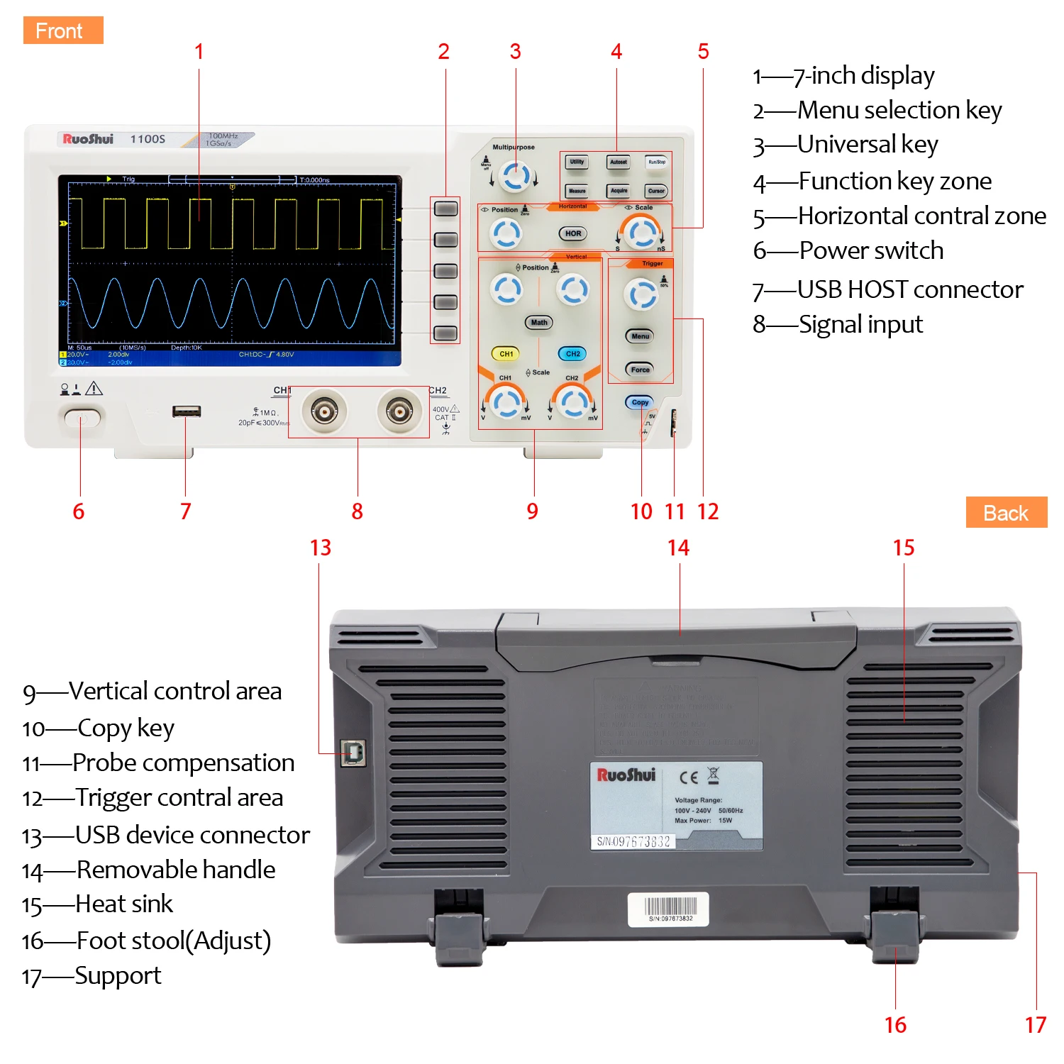 Ruoshui osciloscópio digital de 100mhz, osciloscópio com 2 canais 1gsa/s tft lcd de 7 polegadas, alta precisão, usb original, armazenamento de largura de banda total
