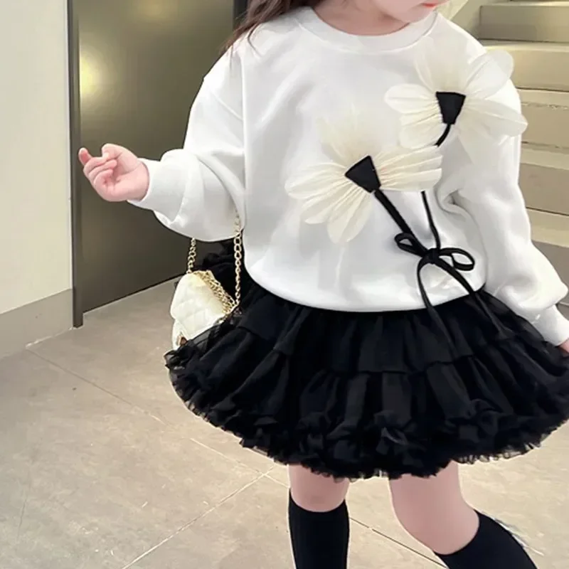 2024 Kids Sweatshirt Infant Toddler Hoodie Baby Girl Princess Lace Flower Cotton White Black Baby Clothes Autumn Children Top