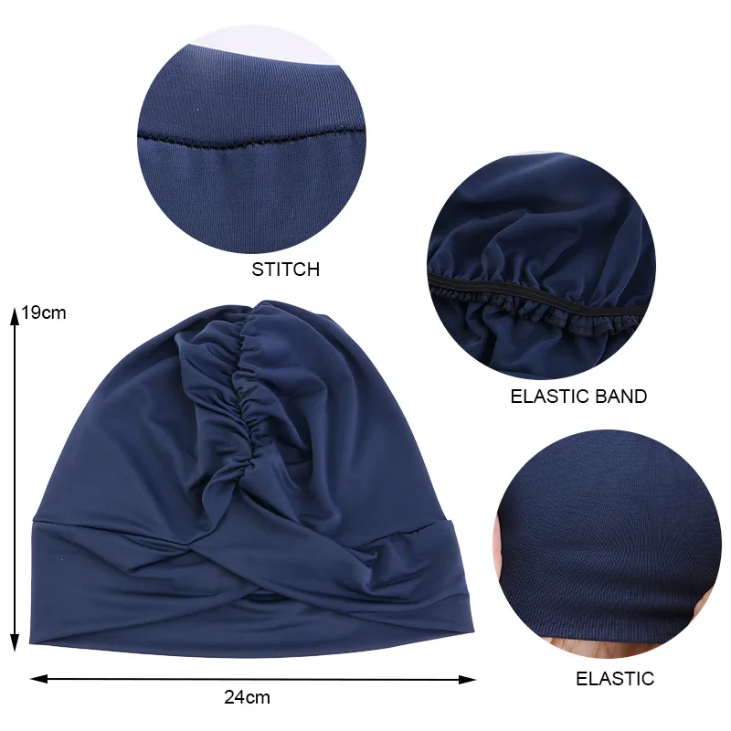 Muslim Fashion Solid Turban Caps Stretch Cross Swimming Hat Fashion Women Bottoming Cap Trendy Ladies Hijab Bonnet