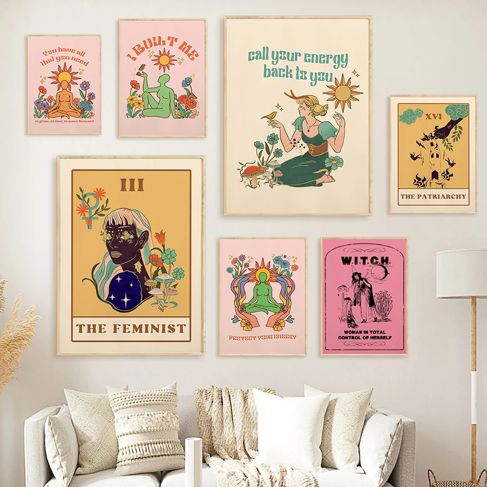 

Feminist Tarot Patriarchy Retro Abstract Poster Print Gifts For Her Female Power Witch Canvas Painting Home Wall Art Room Decor
