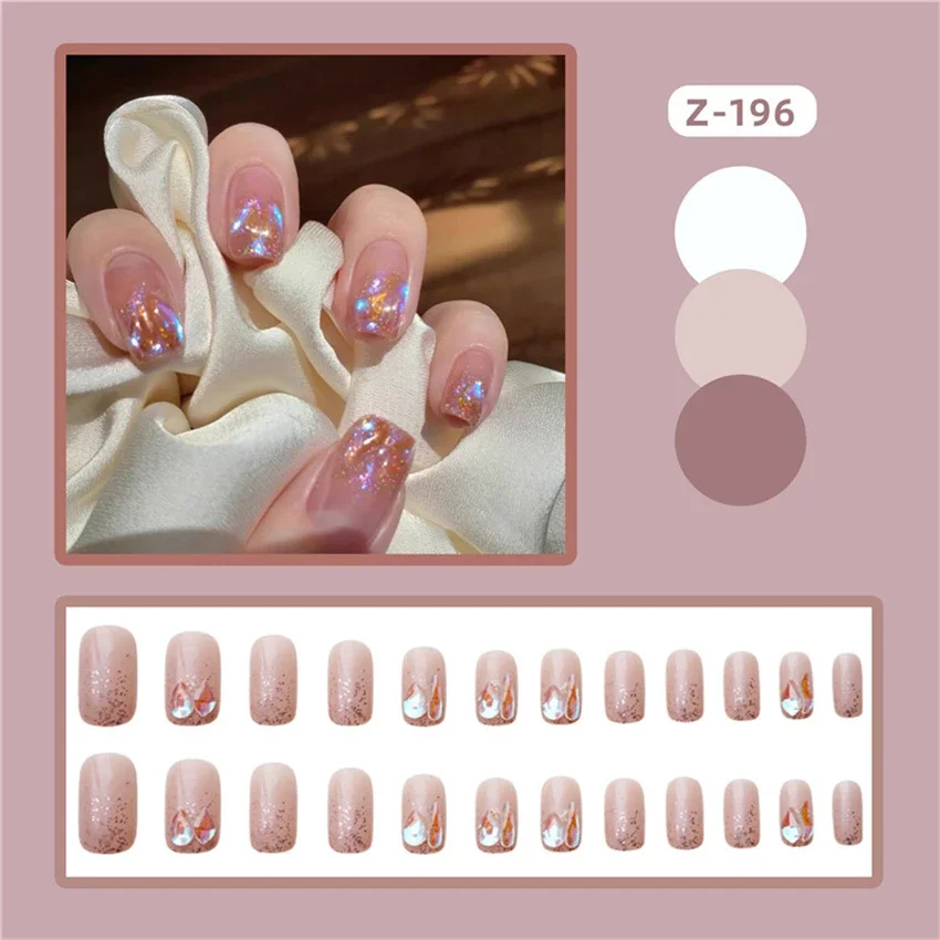 24Pcs/Set Gentle Sweet Cool Fake Nails Full Coverage Medium Length Wearing False Nails Tips Removable Adhesive Press on Nails