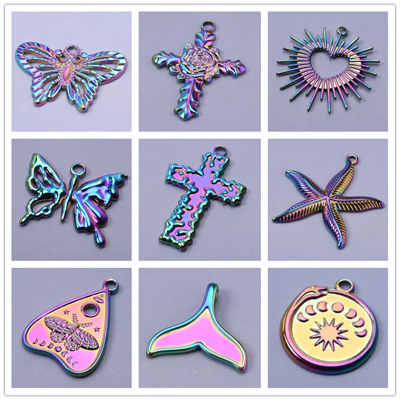 6pcs/Lot Cute Three Layered Heart Pointed Cone Cross Charms For Jewelry Making Supplies Rainbow Color Stainless Steel Pendants