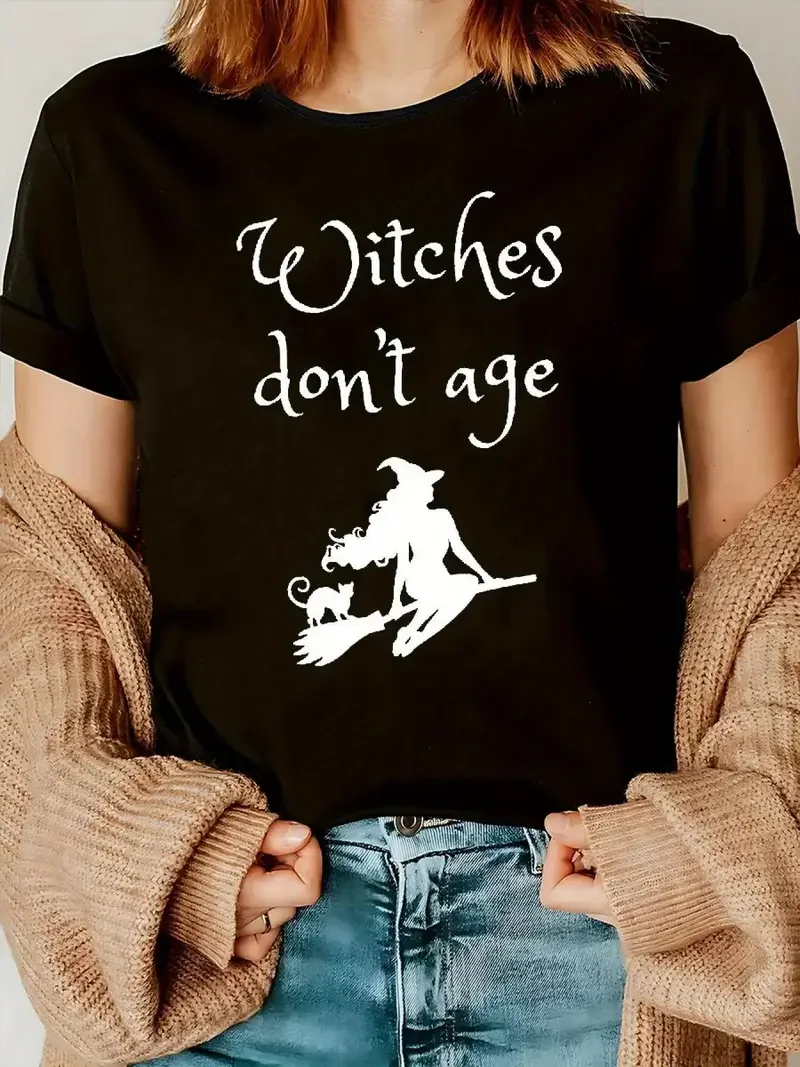 تي شيرت نسائي مطبوع عليه رسومات ساحرة باللونين الأبيض والأسود بتصميم الهلال والقمر والخفافيش، تي شيرت كاجوال فضفاض بأكمام قصيرة ورقبة دائرية #2