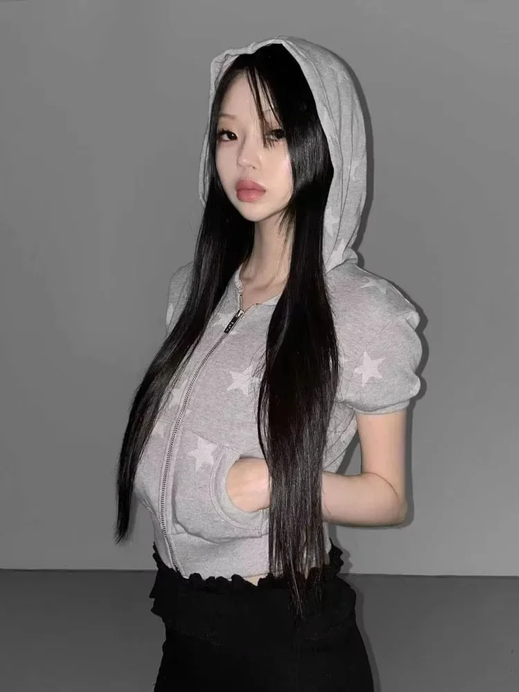 

Y2k Sweet Cool Star Print Hoodie Sweatshirts 2025 New Short Sleeve Zipper Coat Women Summer All-match Casual Tops Mujer