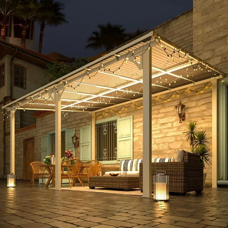 AECOJOY 14' x 10' Gazebo in White, Large Wall Mounted Gazebos on Clearance, Outdoor Patio Lean to Gazebo Metal Awnings for Decks