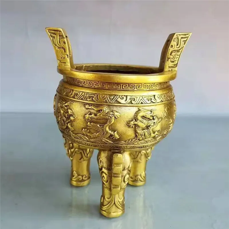 Brass Jiulong tripod ornaments Qinglong tripod incense burner home office handicraft ornaments