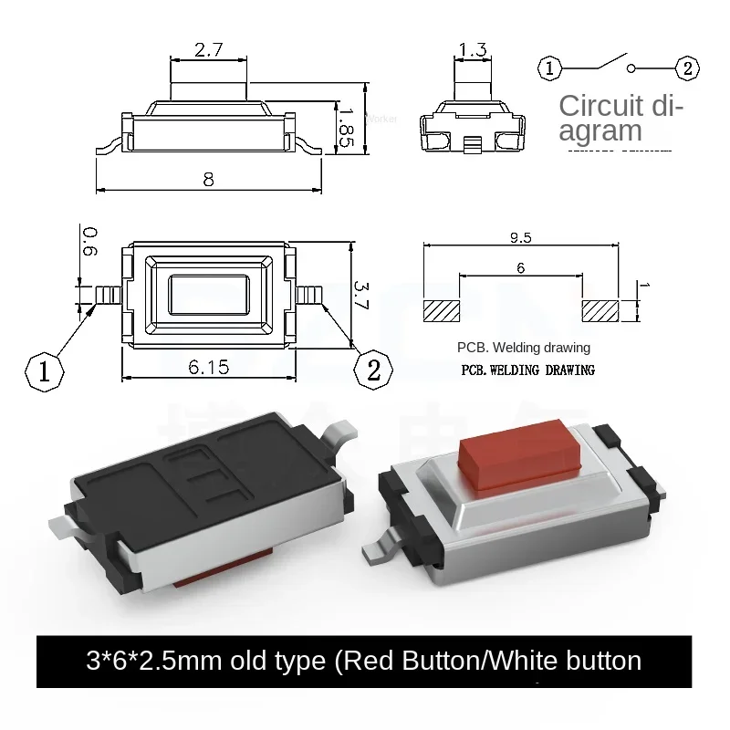 50Pcs/lot TS-B005 Touch Switch 3*6*2.5mm Patch Switch Button Stretch Old One-Type Foot-Wrapped Red Button