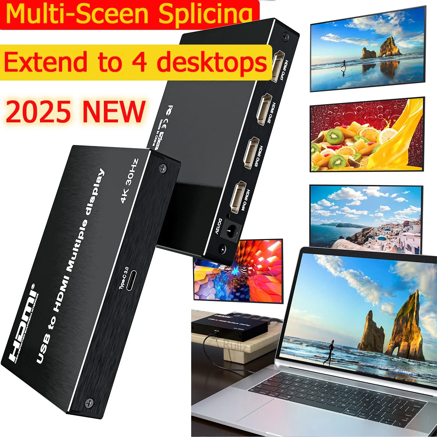 4K USB 3.0 To HDMI Multiple Display TV Splicer 1X3 1X4 2X2 3X1 4X1 Multi Screen Splicing; Extended Mode To 4 Different Desktops