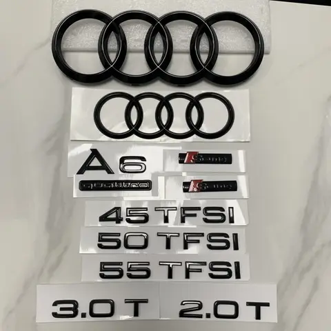 AUDI A6 4 링 로고 ABS 블랙 2012-2024 자동차 후드 전면 그릴 후면 트렁크 엠블럼 배지 스티커 Quattro Sline A6 액세서리 수리