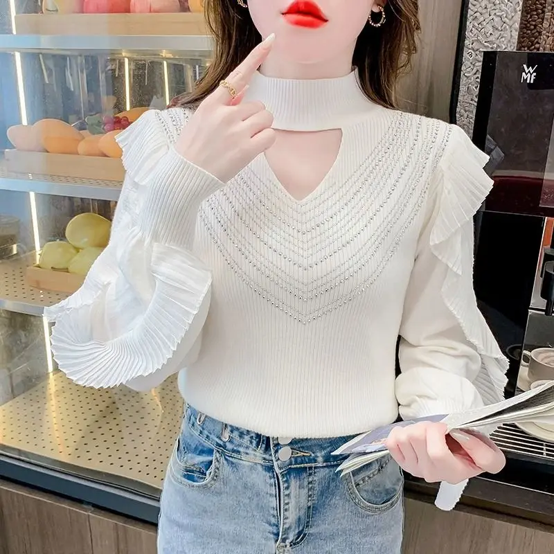 Women's Autumn Winter Fashion Solid Color Half High Neck Hollow Rhinestone Ruffle Edge Long Sleeve Slim Fit Sweater Shirt Tops