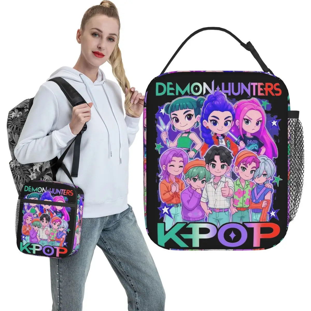 

Kpop Huntrix Demon Hunters Lunch Bag Retro Lunch Box For Men School Portable Insulated Cooler Bag Oxford Print Tote Food Bags