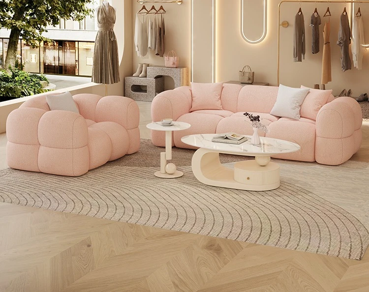 

French cream style small apartment fabric double inline sofa reception marshmallow sofa