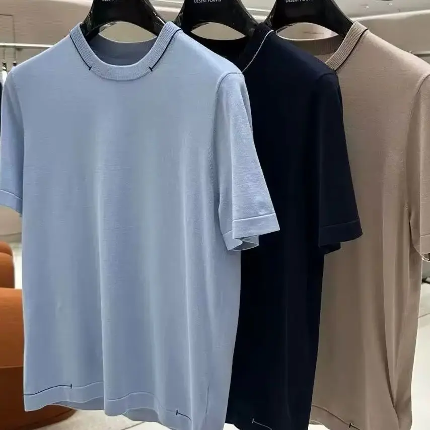 Italian Gentleman Mesh Hollow Knitted Short Sleeve Men's Crew Neck Casual Breathable T-Shirt