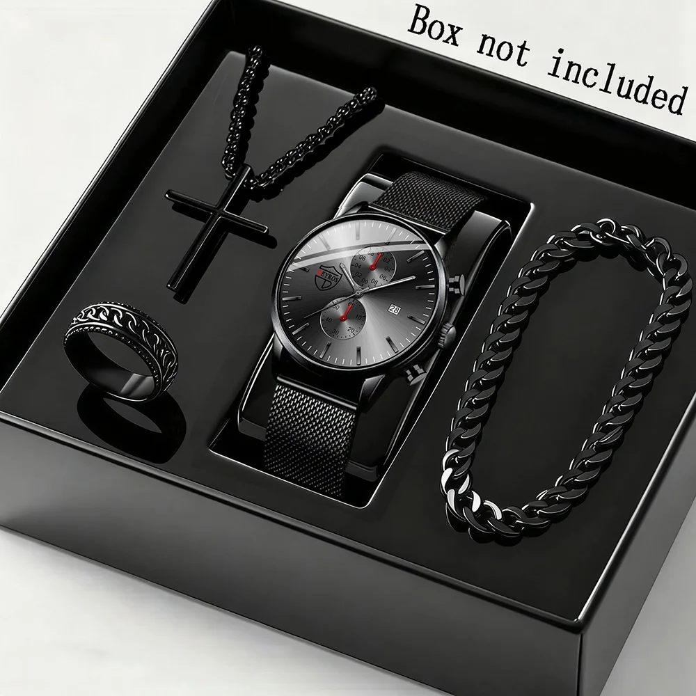 4‑Piece Men's Watch Set, Business Quartz Watch + Necklace + Bracelet + Ring, Gift for Men
