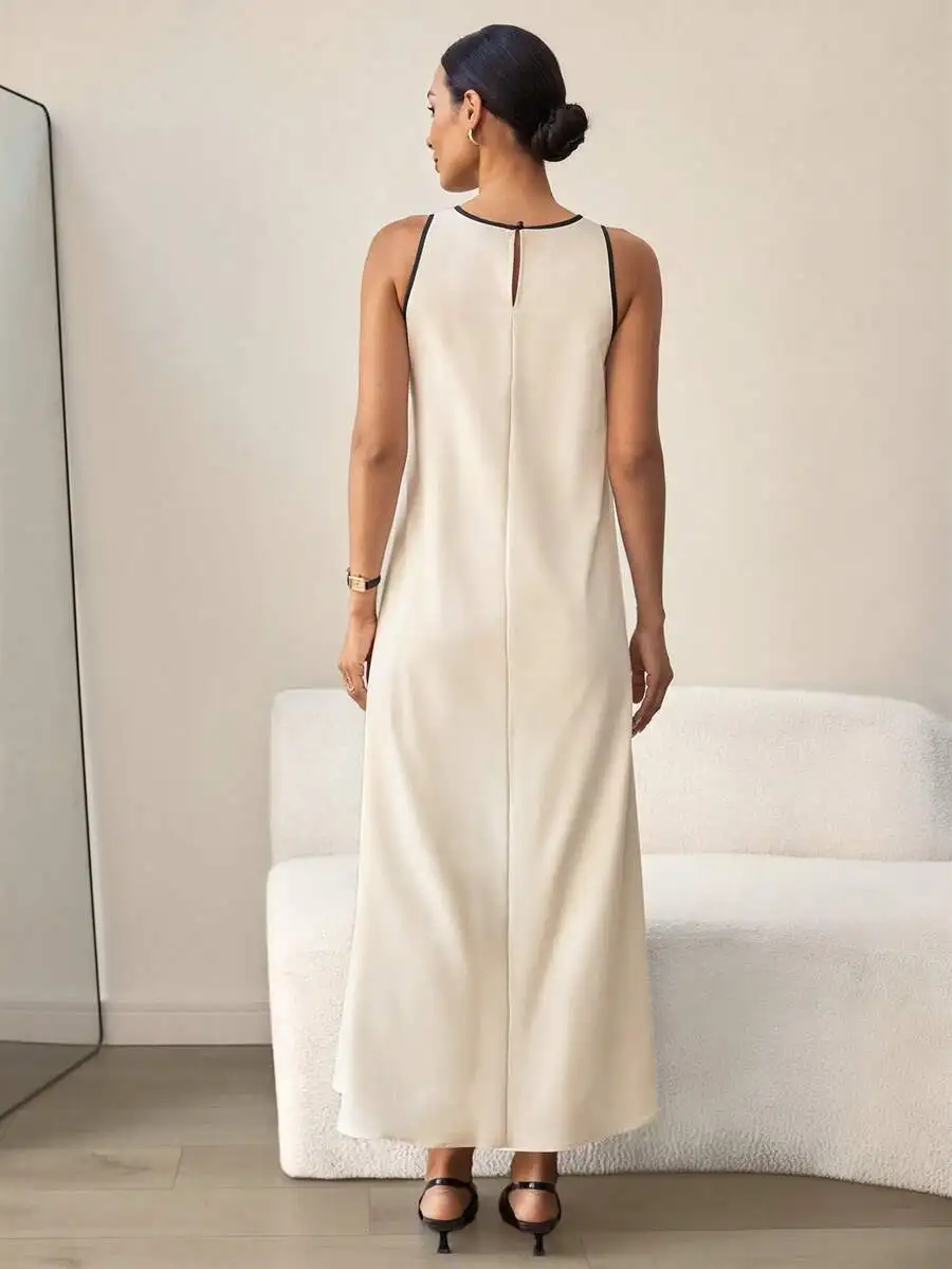 

Beige Sleeveless Ankle-Length Casual Maternity Dress With Color-Blocked Trim