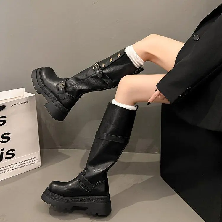 Women's High Knee Boots, Chunky Platform Stacked Rider Boots, Spring/Autumn Two-Way Edgy Fold-Over Cuff Fashion Design