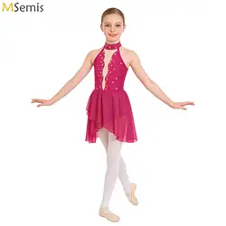 Kids Girls Rhinestone Ballet Jersey Lyrical Jazz Dance Leotard Dress Sheer Mesh Gymnastics Artistic Figure Ice Skating Costume