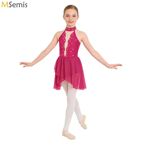 Jersey de Ballet con diamantes de imitación para niñas, vestido de leotardo de baile de Jazz lírico, traje artístico de patinaje sobre hielo para gimnasia de malla transparente