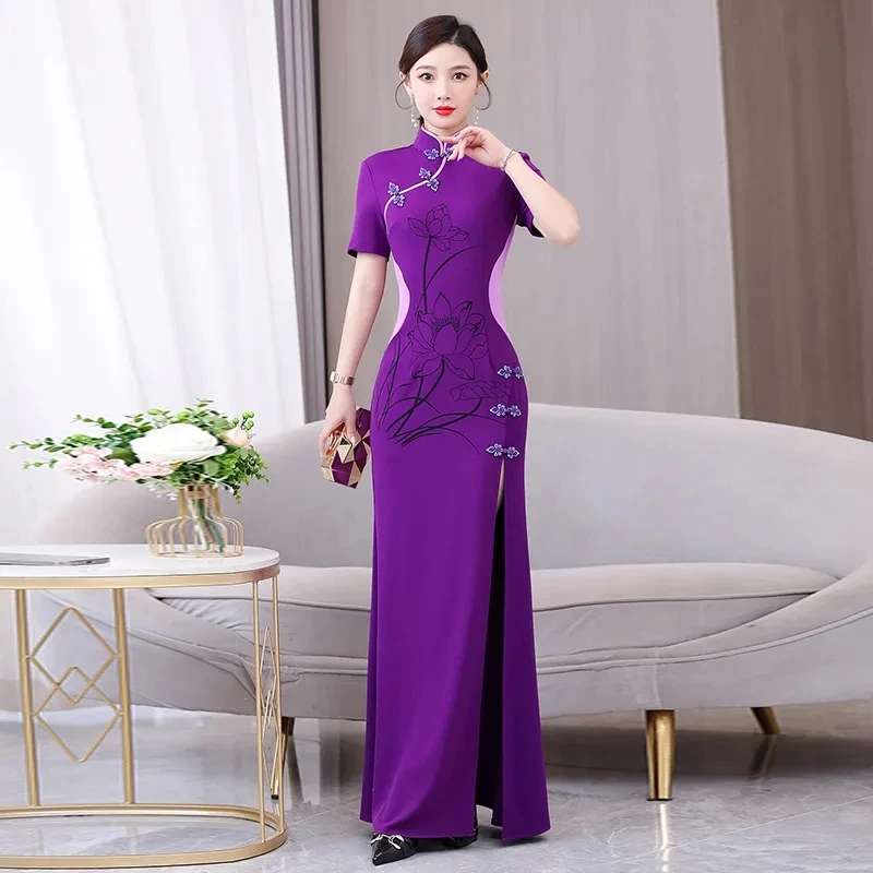 2024 Traditional Chinese Vintage Qipao Dress Improved Cheongsam National Flower Print With Cloak Dress Banquet Evening Dress