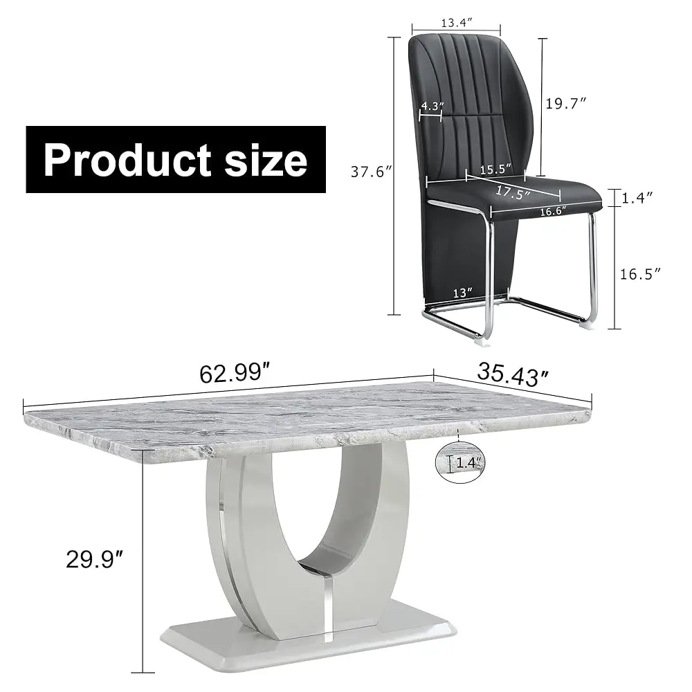 Modern Dining Set Table And 4 Chairs,Bla Faux Marble Kitchen Table Chairs Set Of 4,Dining Room Table Set And 4 Pu Leather