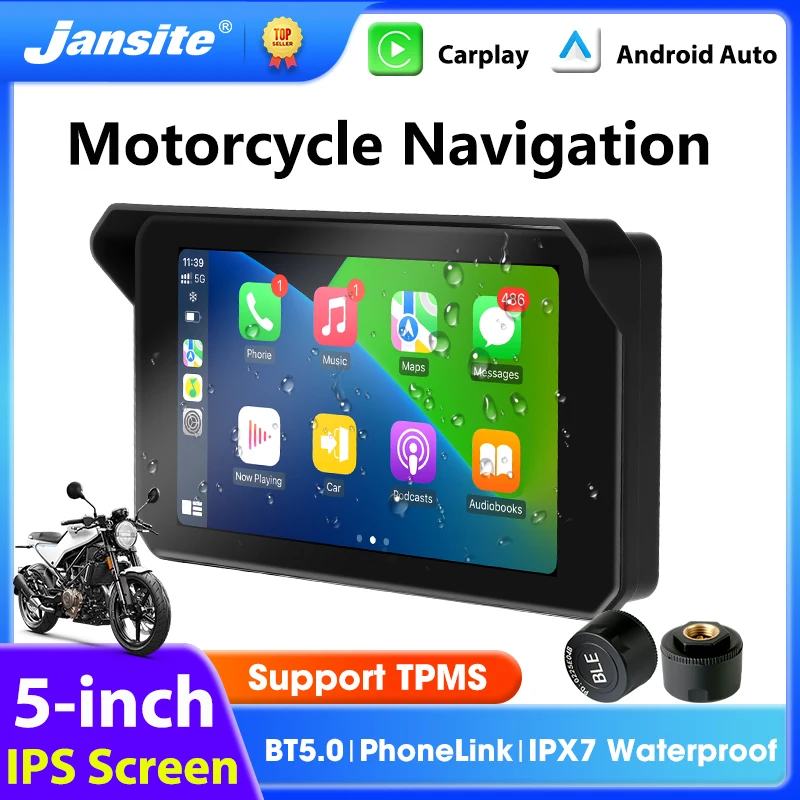 

Jansite 5 inch Motorcycle Touch Screen Wireless Carplay&Android Auto IPX7 Waterproof Bluetooth 5.0 Moto Navigation GPS Monitor